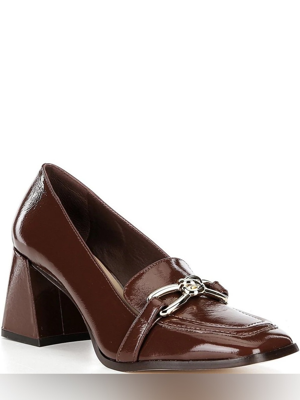 NWT Antonio Melani Selah Patent Leather Knot Hardware Block Heel Brown Size 9.5M